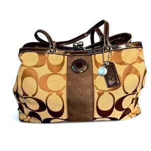 Coach Brown and Tan Signature Tote/satchel Bag with kiss lock